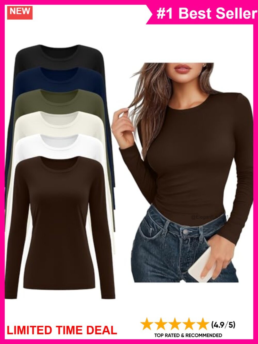 6 Pack Long Sleeve Tops Women Slim Fit Crew Neck Cotton Blend Layering